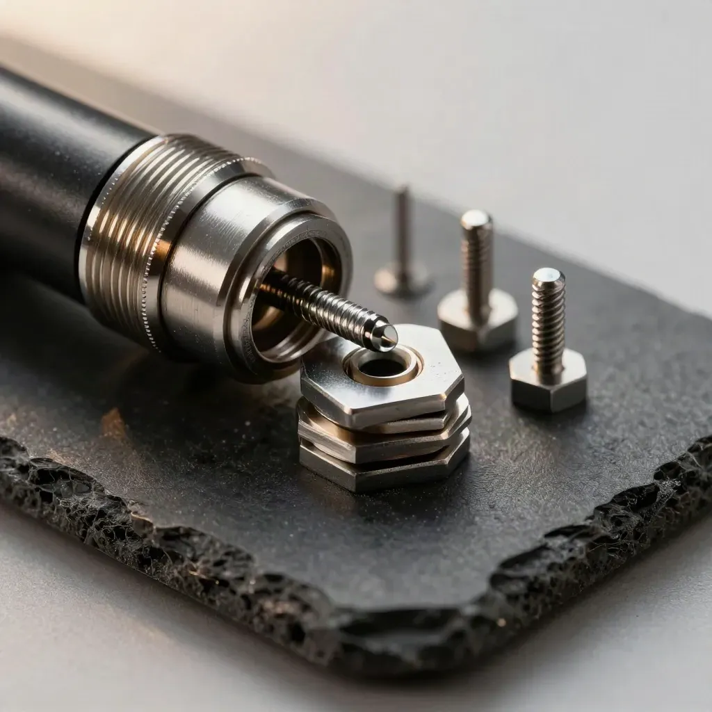 Sprungclip und Distanzhülsen auf dunklem Stein, dramatisch ausgeleuchtet.