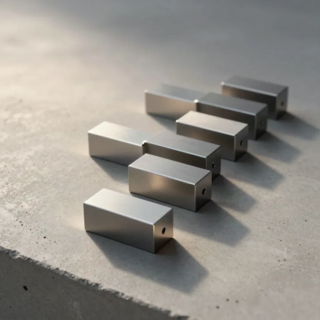 Stepped Modulblöcke und Winkelverbinder diagonal auf Beton, in kühlem Licht.