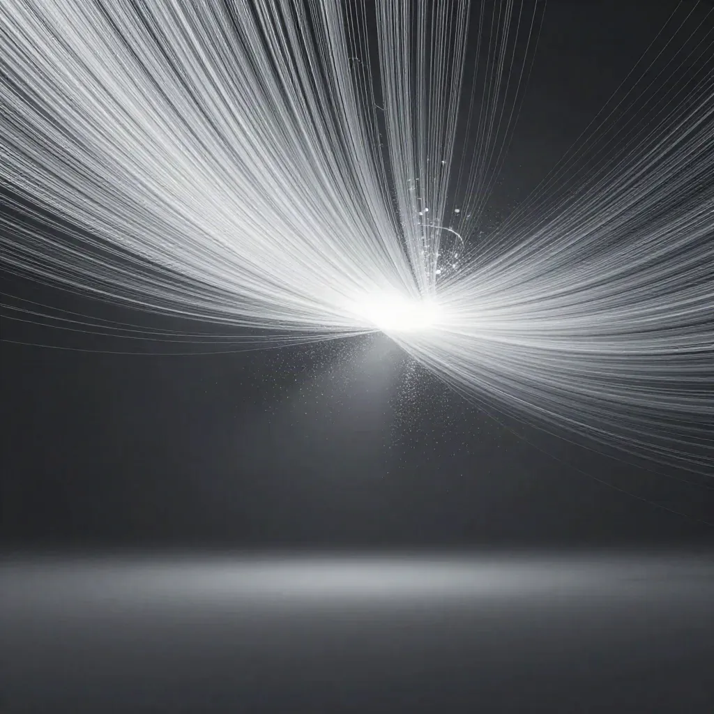 Silberne Lichtfäden im dunklen Raum, die in einen weißen Glanzpunkt strömen.