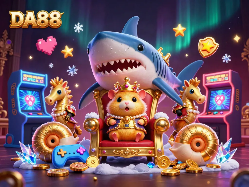 DA88 offers a thrilling gaming experience with the hamster king and seahorse guards in an exciting casino scene.