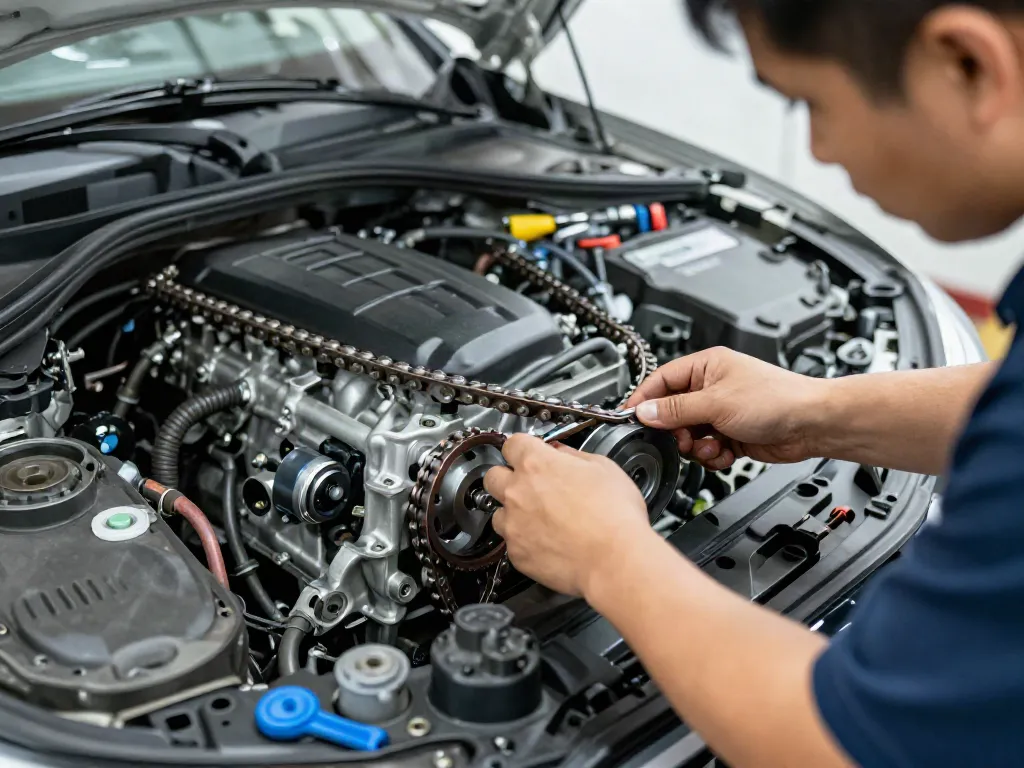 Fachmann bei der Arbeit am BMW Steuerkette Hannover in einer professionellen Werkstatt.