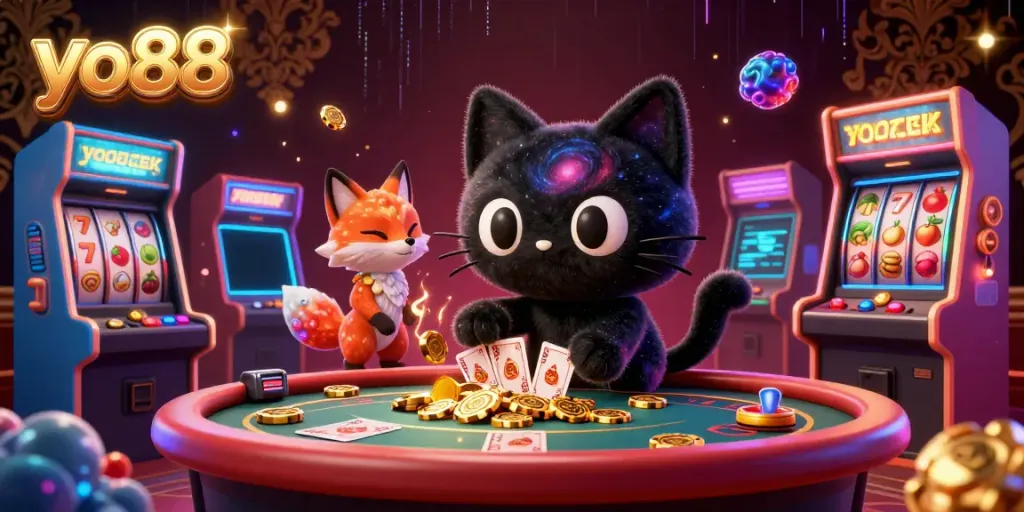 Join the fun at yo88 with a dynamic cosmic casino scene featuring a playful black hole cat.