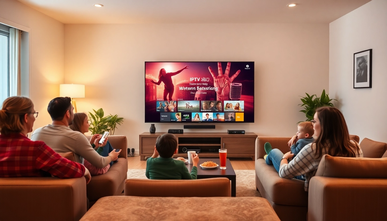 Streaming IPTV Abo Deutschland in a cozy living room with family enjoying movie night.