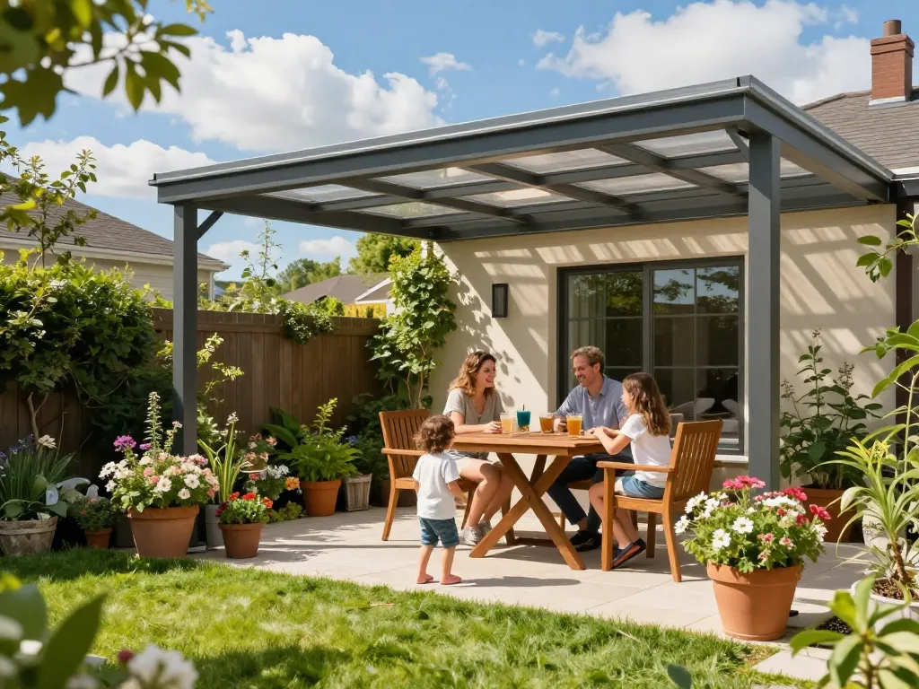 Familie genießt den Außenbereich unter einer Terrassenüberdachung in einem sonnigen Garten.