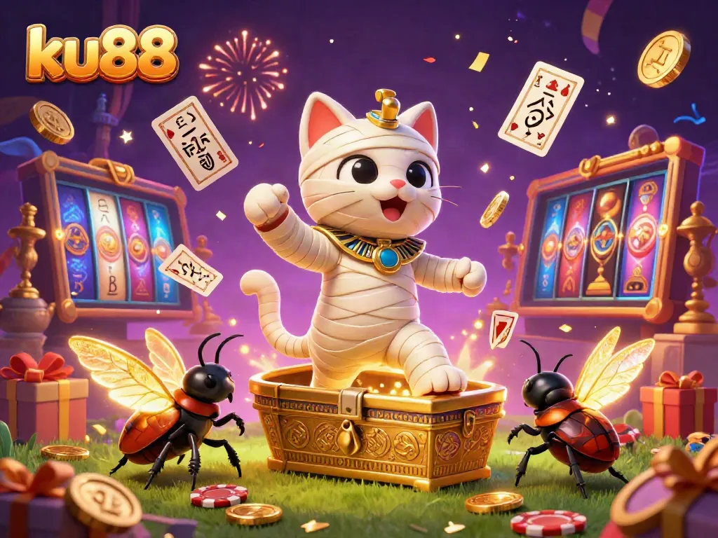 Engage with the thrilling essence of ku88 casino through an exciting illustration featuring a lively mummy cat and a scarab beetle in a vibrant gaming environment.