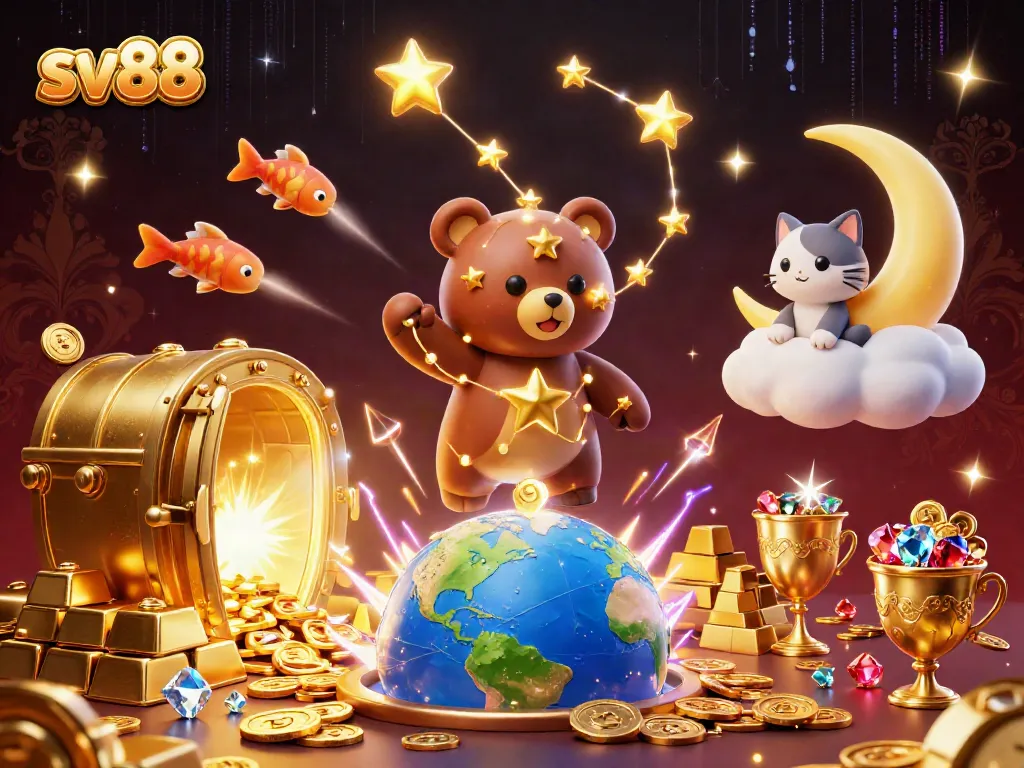 Win big with sv88 as a constellation bear collects coins amidst gold treasures and starry companions.