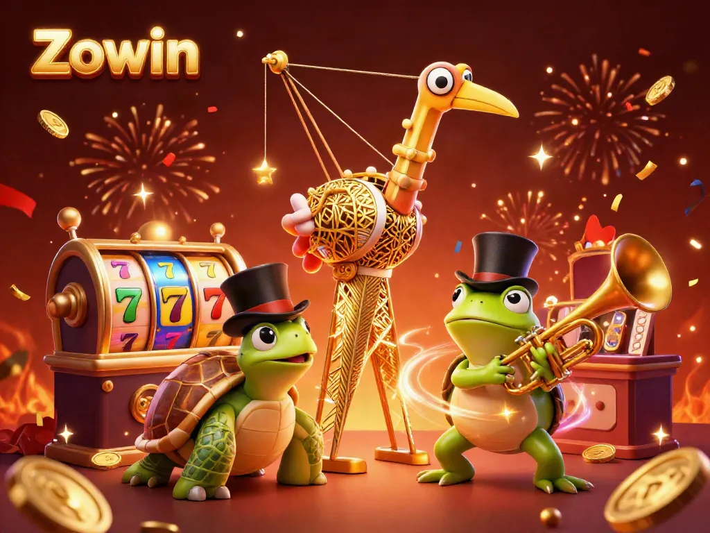Experience thrilling slots at Zowin with our vibrant 3D illustration featuring animated characters.
