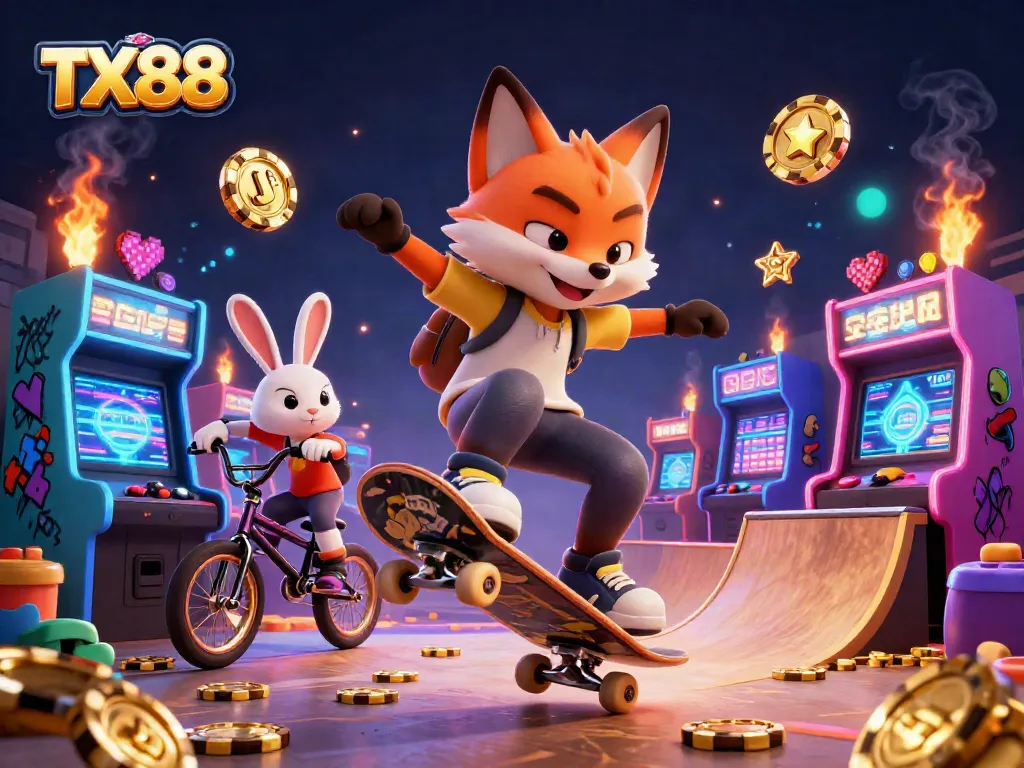 Experience the thrill of casino gaming at TX88 with vibrant cartoon characters showcasing poker chip tricks.
