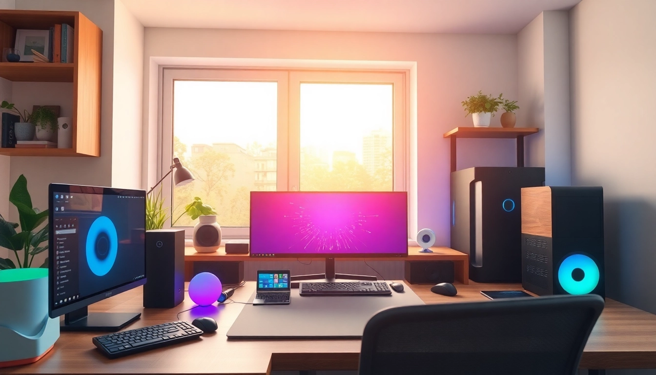 Entdecken Sie die innovativen Tech-Lösungen von TechBoys mit Smart-Home-Geräten und PC-Hardware in einem modernen Arbeitsbereich.