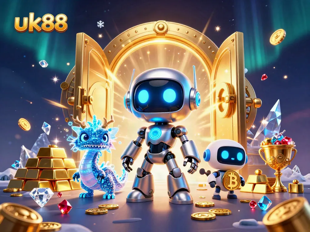 Engage in exciting gaming action with uk88's dazzling 3D casino scene featuring vibrant characters and gold treasures.