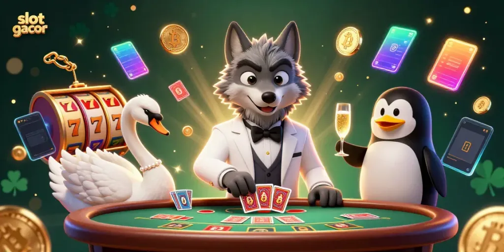 Experience the excitement of slot gacor with this vibrant 3D digital illustration featuring playful casino characters and jackpot elements.