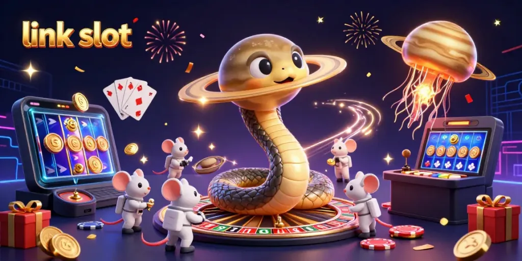 Engage with the link slot gameplay in a vibrant 3D casino-themed illustration showcasing a cosmic gambling scene.