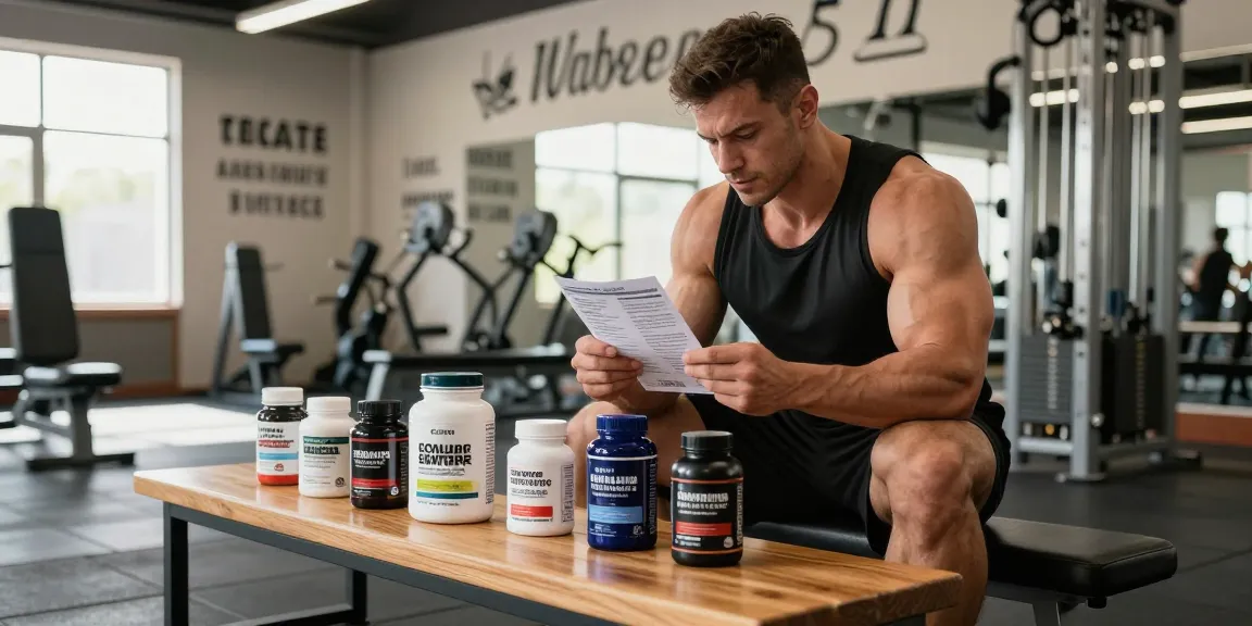 Ein Bodybuilder im Anabolika Shop, der sorgfältig ein Produkt betrachtet, umgeben von Steroidpackungen in einem dynamischen Fitnessstudio.
