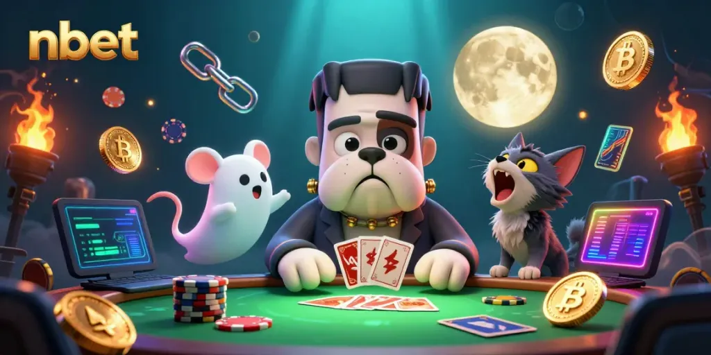 Engage with nbet at a spooky casino table featuring a Frankenstein bulldog dealing cards.