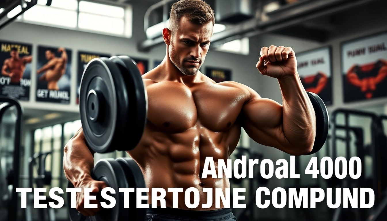Erlebe Androbal 400 Testosterone Compound mit einem Bodybuilder, der seine Stärke im Fitnessstudio demonstriert.
