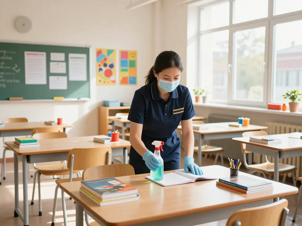Professionelle Schulreinigung in Münster mit Reinigungskräften, die ein helles Klassenzimmer desinfizieren.