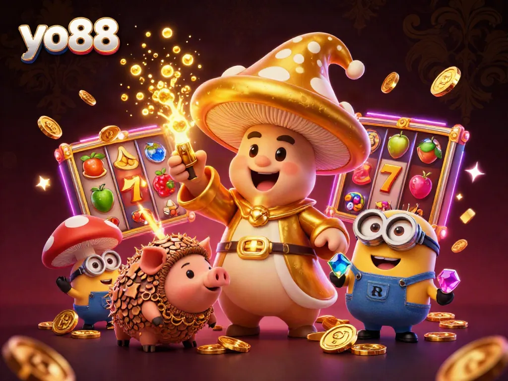 Spin the reels and win big with yo88's captivating 3D casino illustration showcasing magic and treasures.