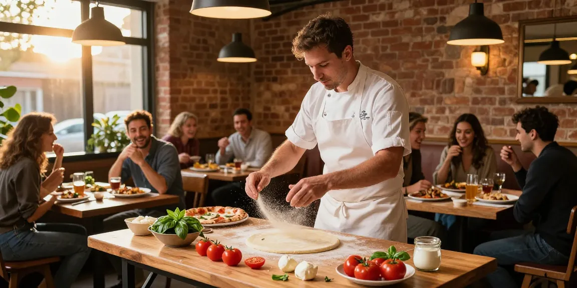 Delicious pizza preparation at Pizzeria Madera showcasing pg soft techniques with fresh ingredients and vibrant ambiance.