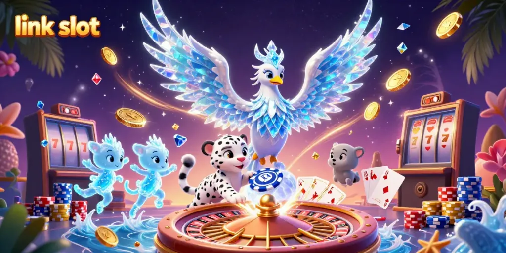 Experience excitement with link slot, showcasing a magical scene of characters amidst vibrant casino elements and energy.