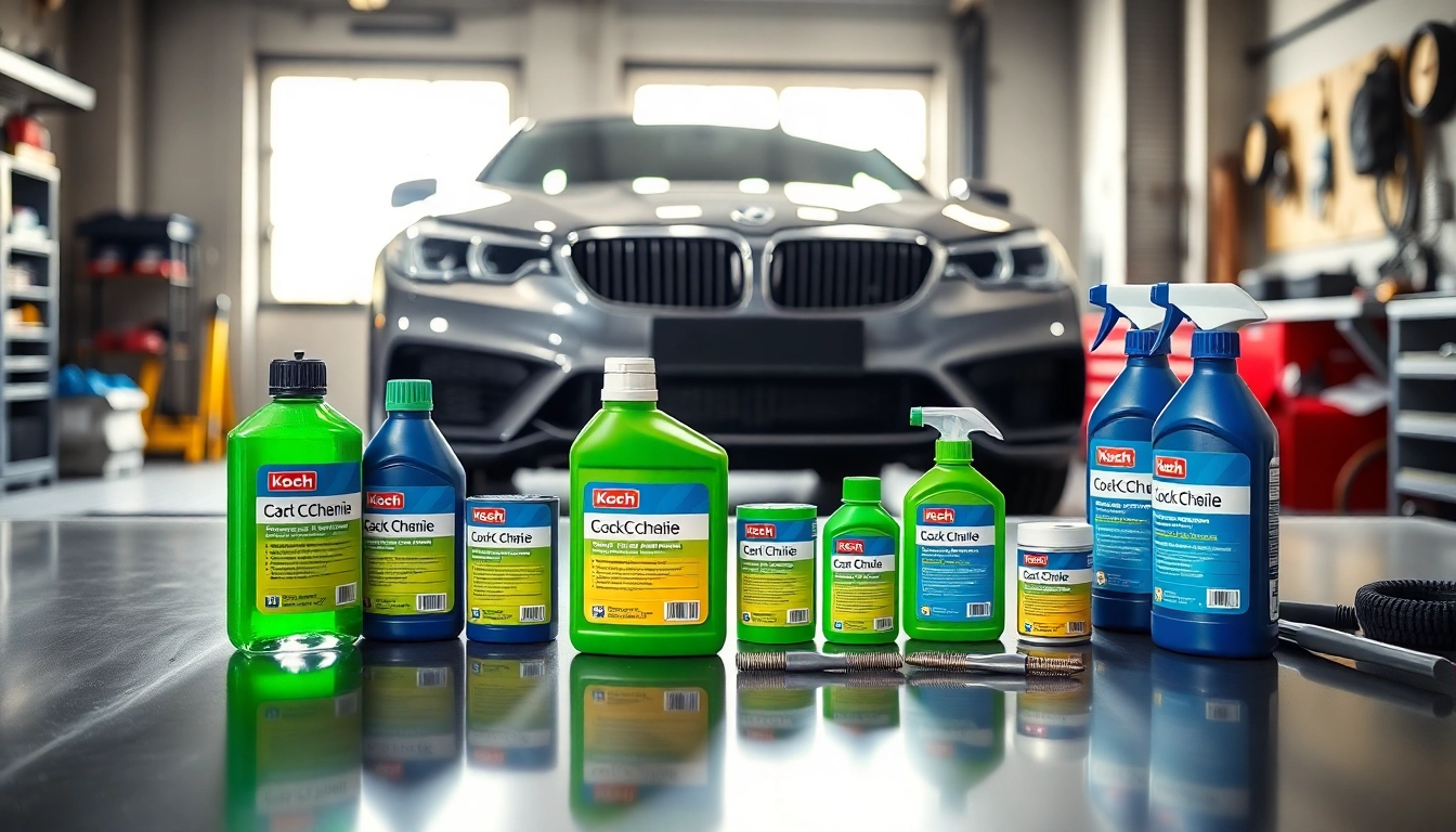 Koch Chemie Produkte auf einem professionellen Werkbank im Garagen-Setting ansprechend präsentiert.